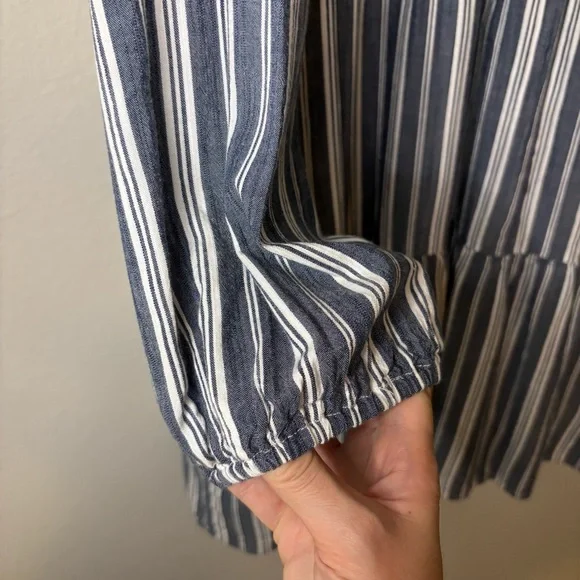 NWT Striped Tiered Lace-Up Mini Swing Dress, Blue Stripe Long Sleeve,‎ Large - Picture 12 of 17